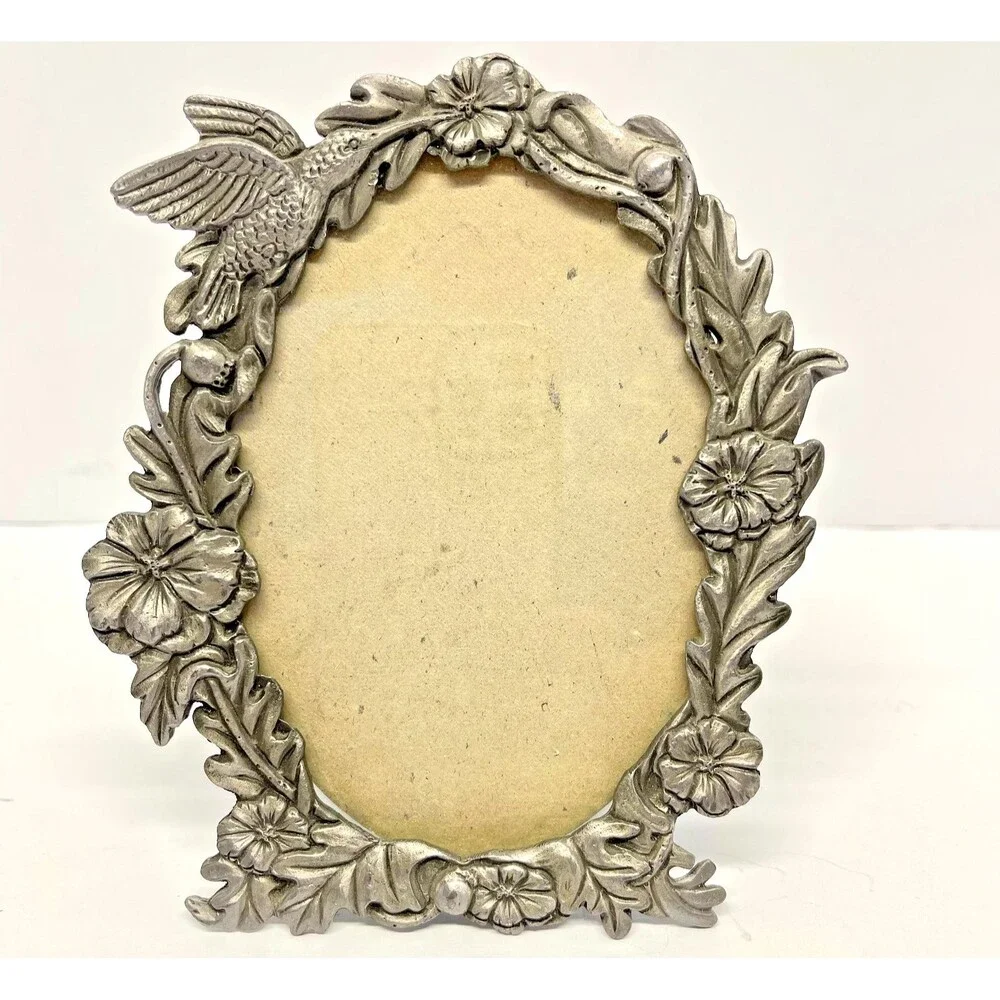Set of 3 Pewter Tone Floral Picture Frames–SUN & Oval Hummingbird-Cottage decor